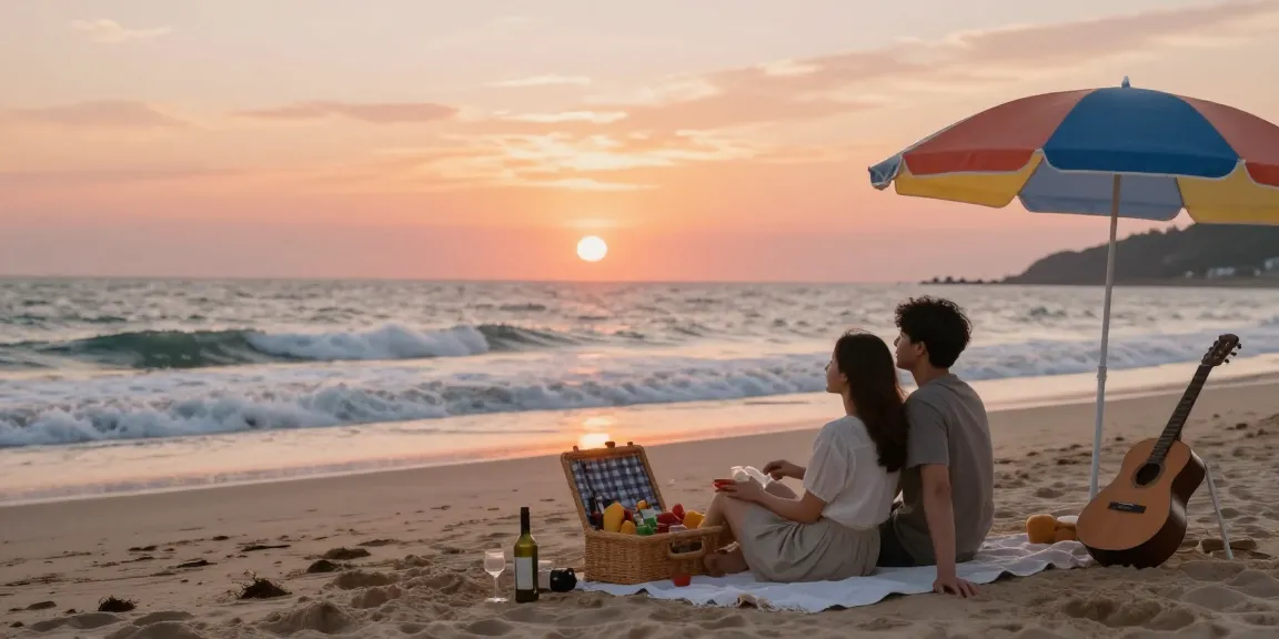 Couple enjoying a romantic sunset picnic at the beach, highlighting 여수op experience.