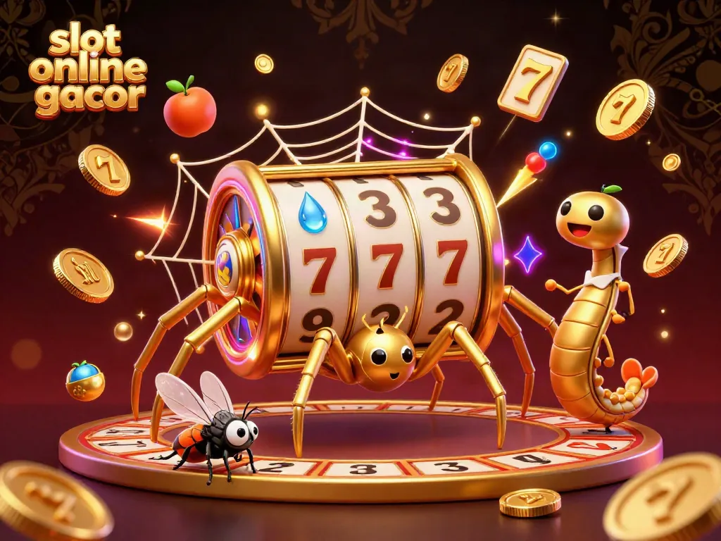 Engage with slot online gacor by discovering an exciting scene of a golden spider and centipede croupier in a whimsical casino.