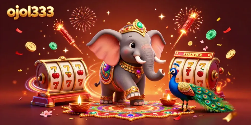 Spin to win with ojol333, illustrated vibrant casino elephant and peacock amidst festive elements.