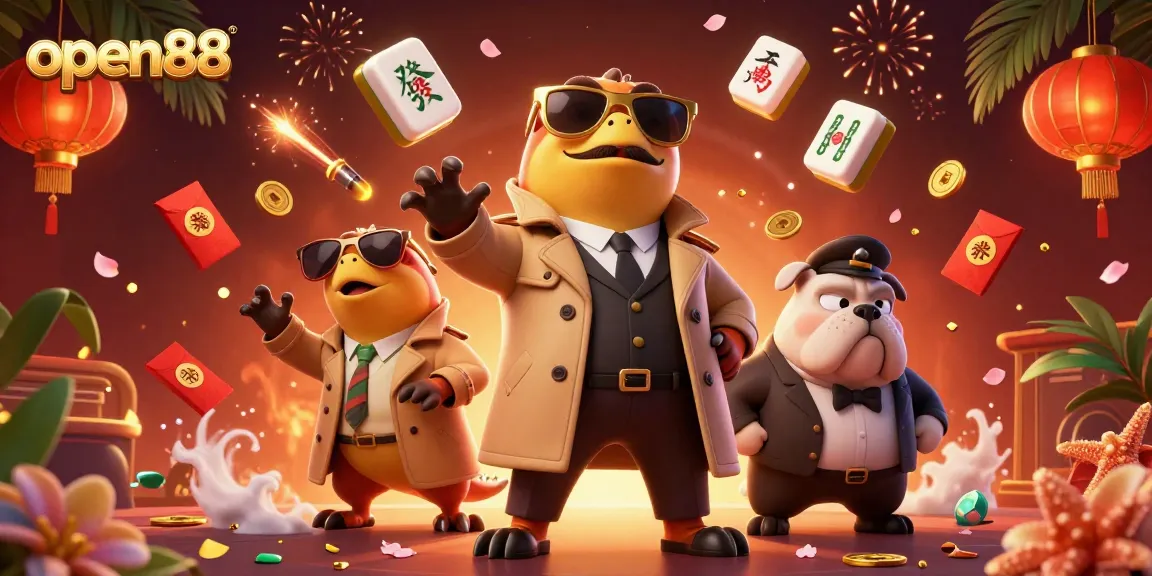 Engage with open88 in a vibrant, dynamic VIP casino scene with cartoon raptors and game elements.