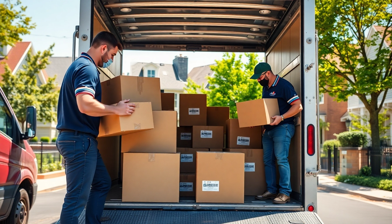 Expert movers providing Residential Moving Services by packing items efficiently and safely in a cheerful setting.