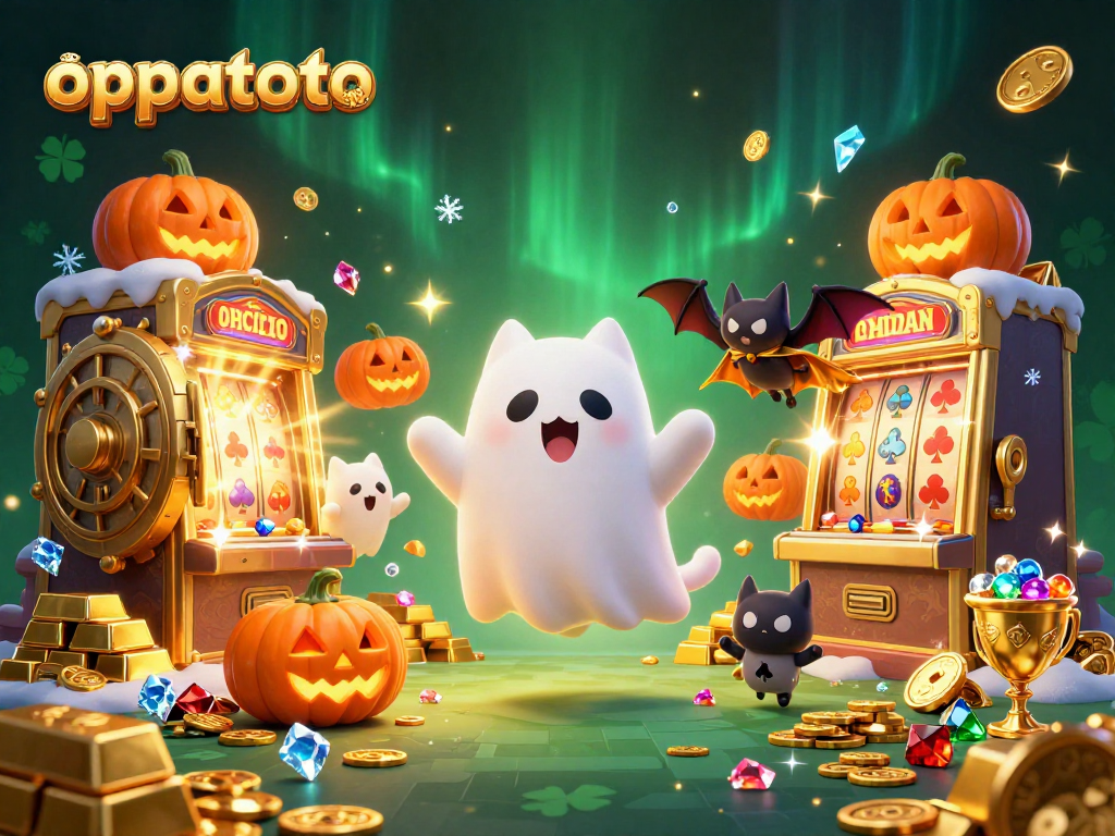 Experience oppatoto's haunted casino with a ghost cat, vampire bat, and glowing jack-o-lanterns.