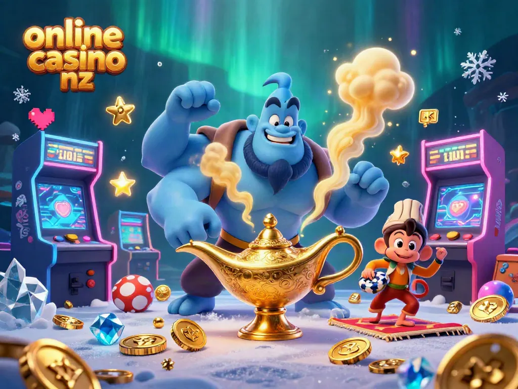 Join the excitement at online casino nz, featuring a magical genie and vibrant gaming elements.