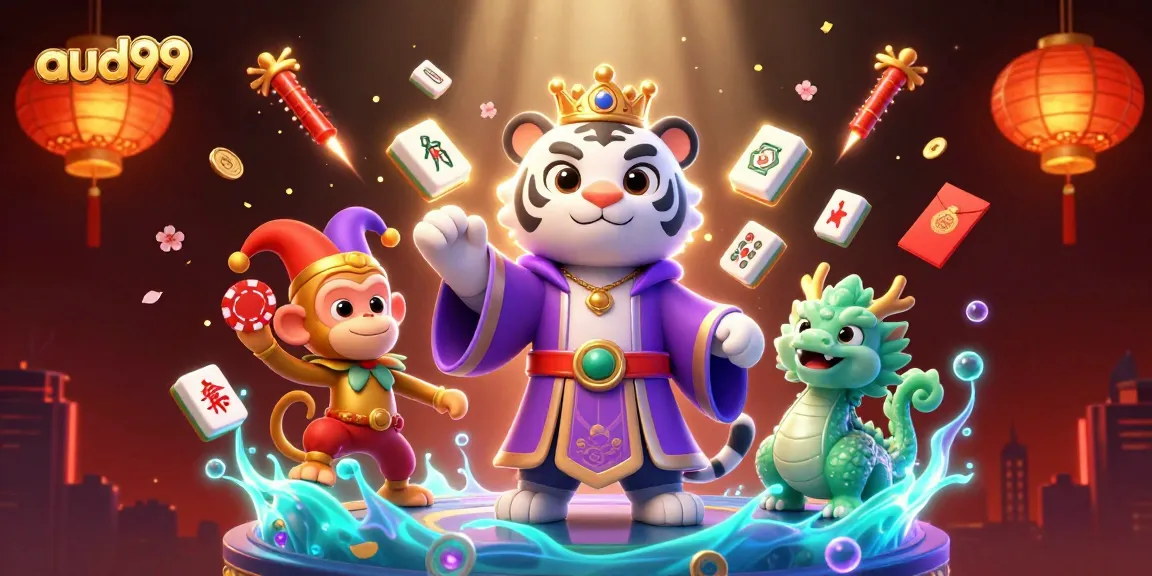 Experience the excitement of online gaming with aud99-themed vibrant characters and casino elements.