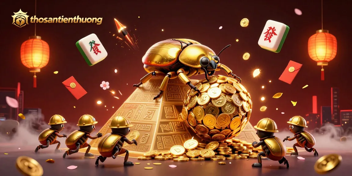 Engage with thosantienthuong as golden beetles roll coins in a vibrant casino world filled with symbols and lights.