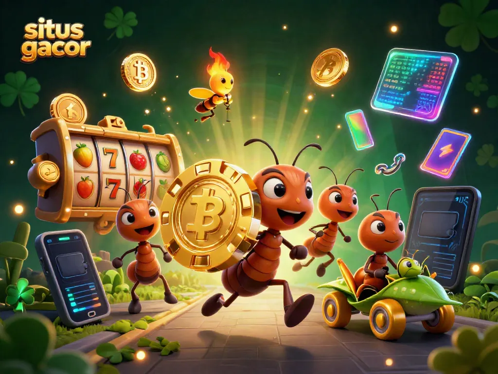 Gambarkan situs slot gacor dengan karakter unik mengangkat chip poker dan simbol slot yang menarik.