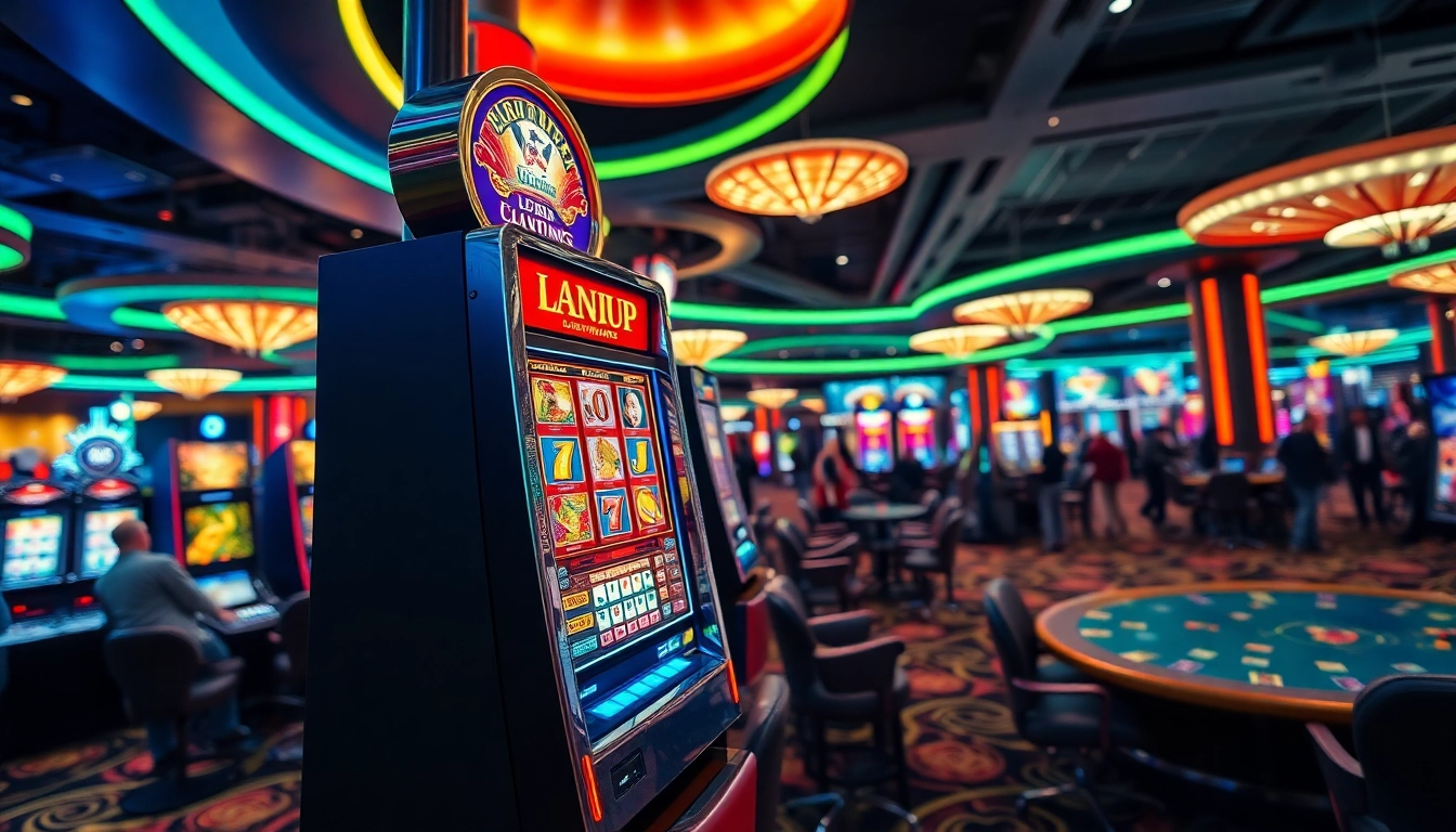 สล็อต gaming experience in a lively casino atmosphere with vibrant colors and excitement.
