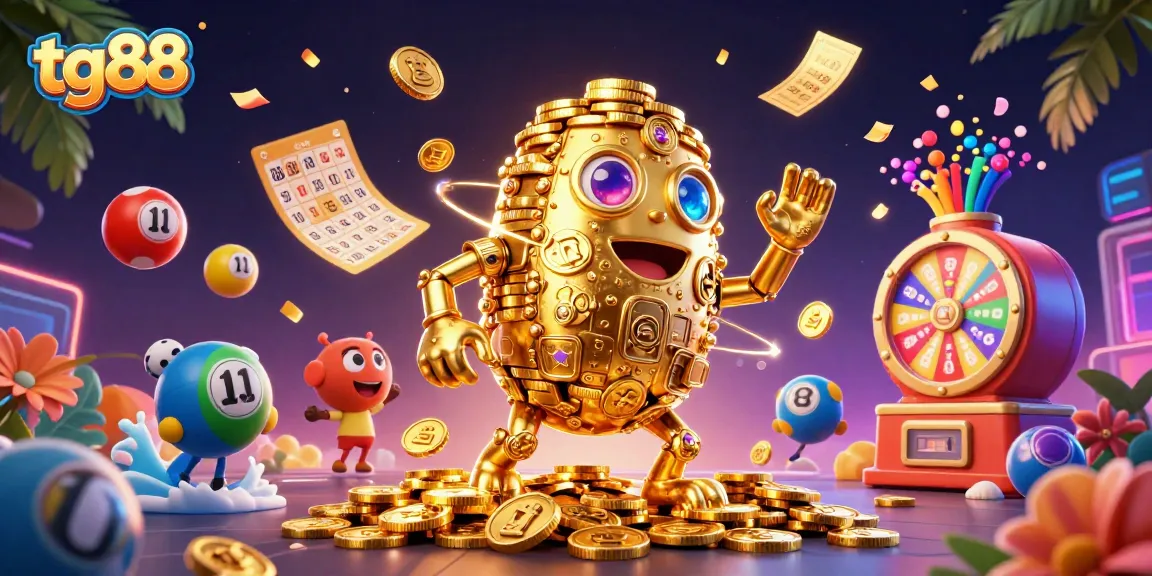 Engage with tg88's dynamic gaming scene featuring a golden golem amidst bouncing lottery balls and golden elements.