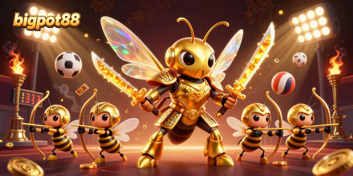Engage in thrilling gameplay at bigpot88 with a dynamic illustration of a golden hornet warrior.