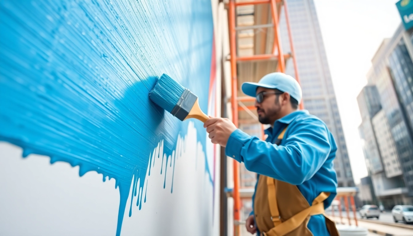 Engaging commercial painter skillfully painting a vibrant commercial building.