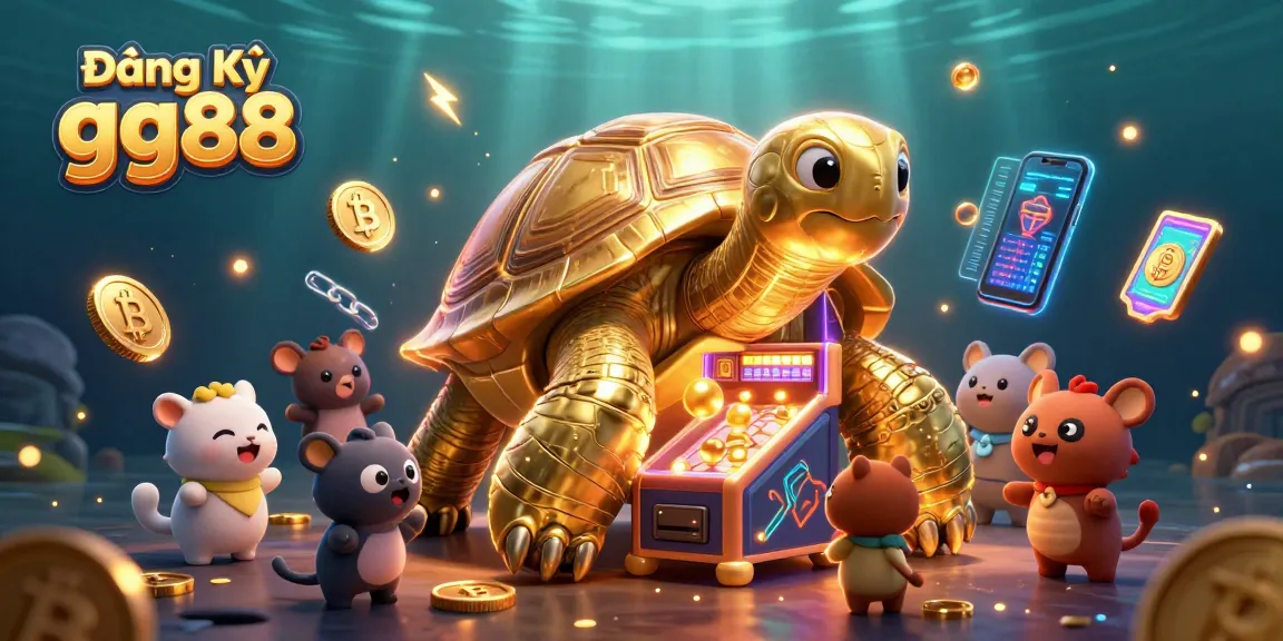 Đăng Ký gg88 showcases a lively casino atmosphere with a colossal golden tortoise and crypto coins.