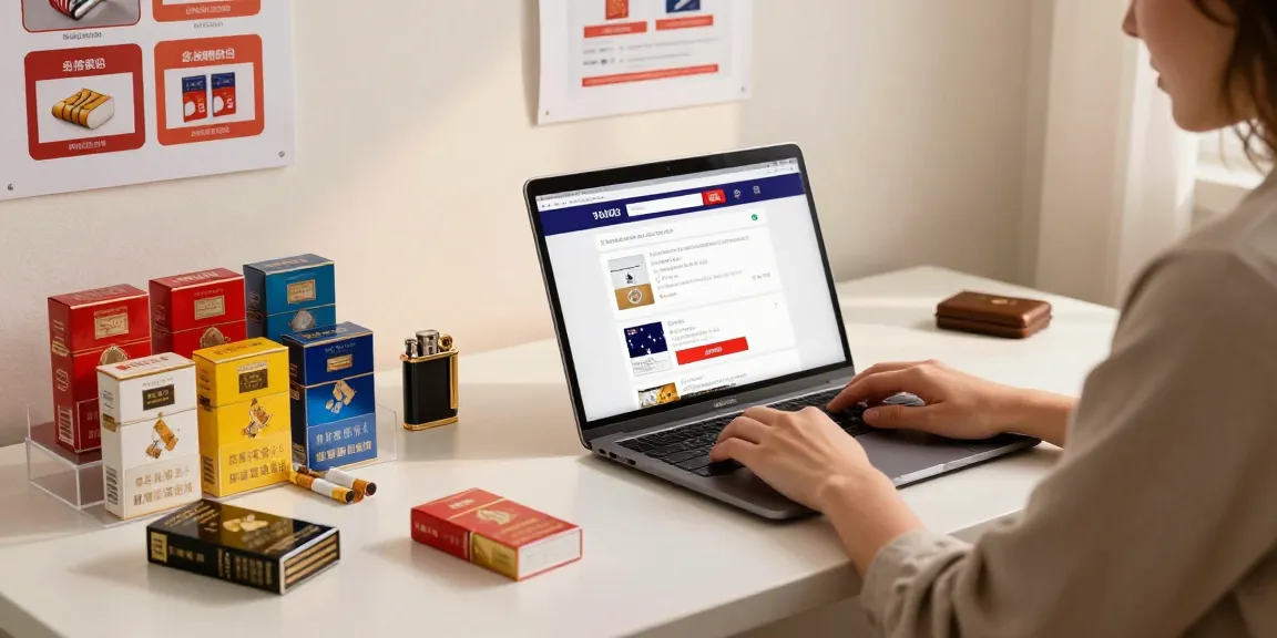 Engaging scene of a person browsing cheap cigarettes online Australia showcasing premium tobacco products.