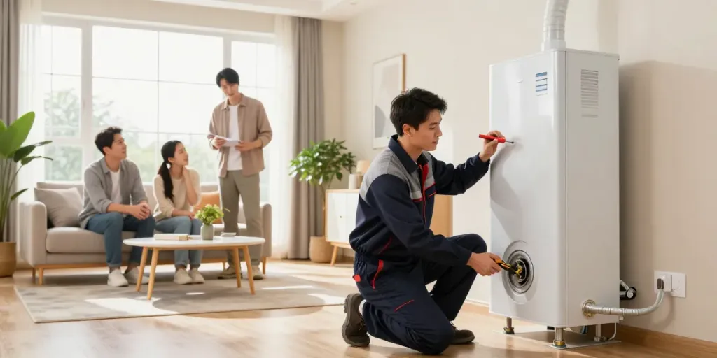 Furnace Install Calgary - Technician installing a high-efficiency furnace in a stylish living room with a family observing.