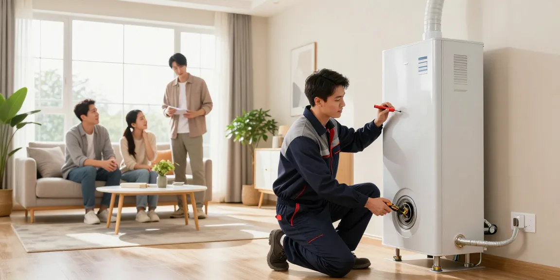 Furnace Install Calgary - Technician installing a high-efficiency furnace in a stylish living room with a family observing.