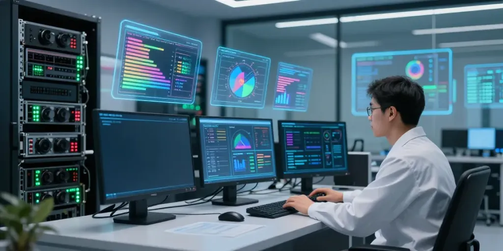 AI inference processing in a modern high-tech workspace with GPU servers and holographic displays.