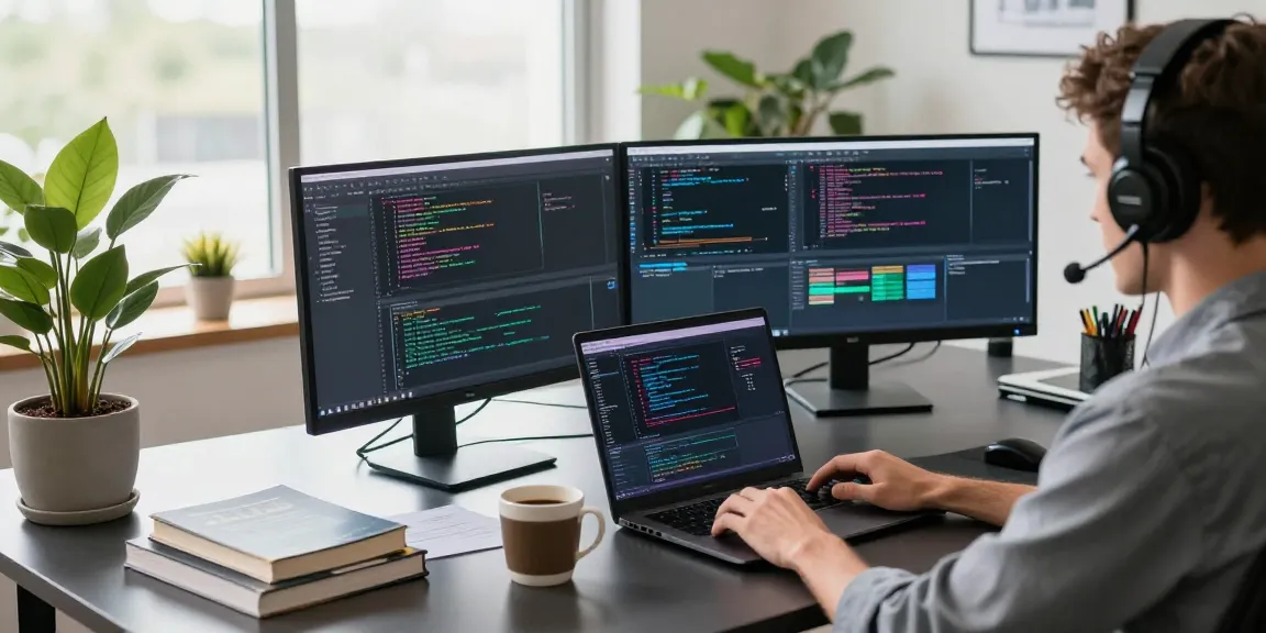 Developer coding with cika4d on multiple screens in a modern workspace