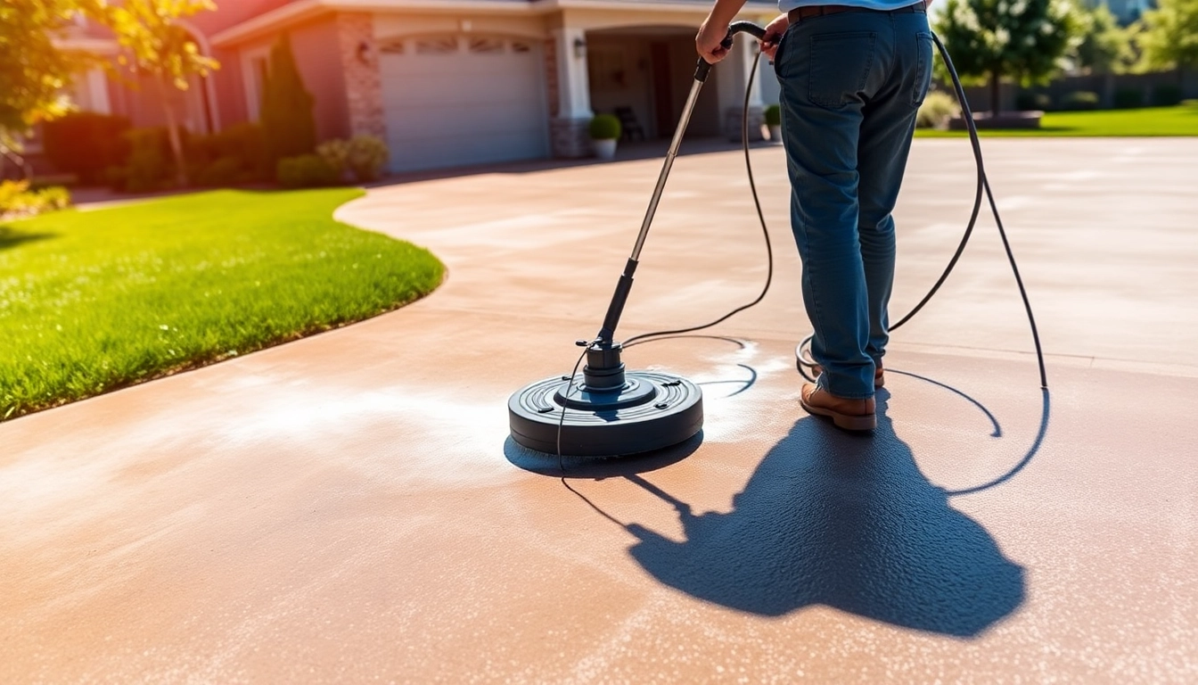 Driveway cleaning process demonstrating a professional washing technique on concrete.
