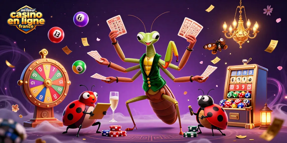 Illustration dynamique de "meilleur casino en ligne france" avec un mante religieuse aux cartes et des éléments de jeu riches.