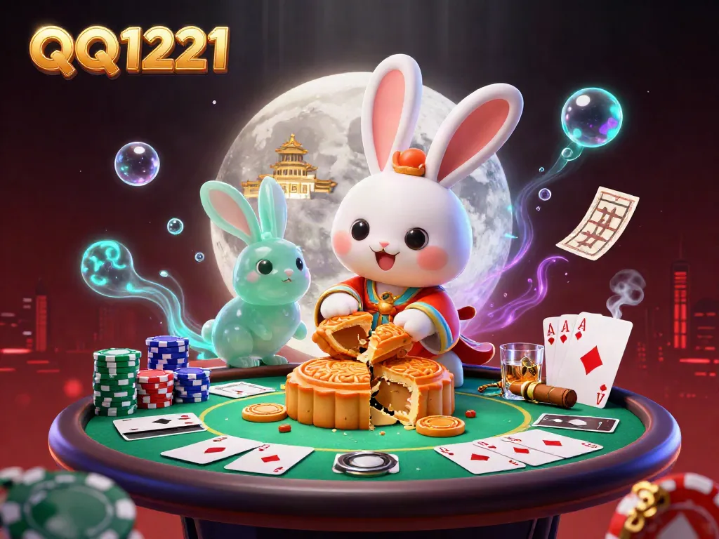 Engage in thrilling casino play with QQ1221 featuring a lively moon rabbit scene adorned with poker elements.