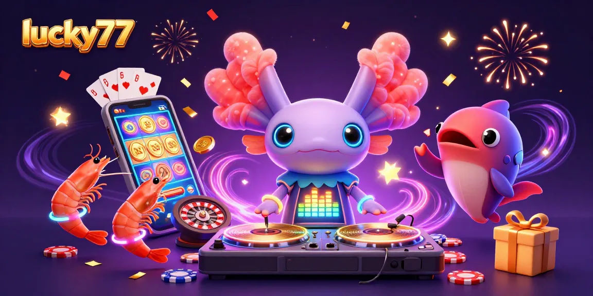 Experience thrilling action at lucky77 with a neon axolotl DJ and vibrant casino elements.