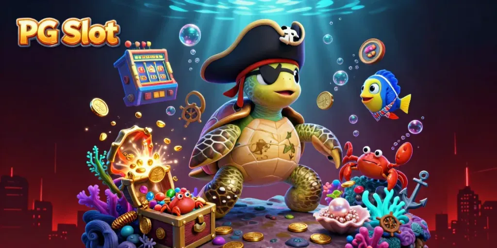 Meraih kemenangan dalam PG Slot dengan karakter kartun di bawah laut dan peti harta karun.